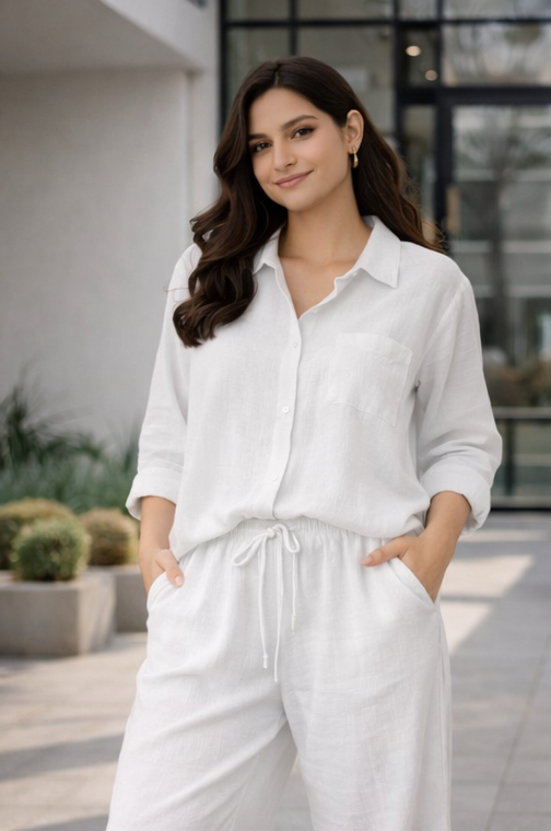 White Solid Cotton Rayon Crepe Co-Ord Set | Shirt & Pant Set | Casual & Office Wear (Copy)