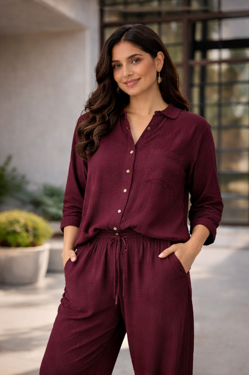 Wine Solid Cotton Rayon Crepe Co-Ord Set | Shirt & Pant Set | Casual & Office Wear (Copy) (Copy) (Copy)