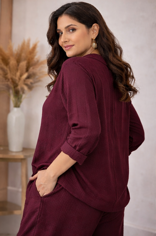 Wine Solid Cotton Rayon Crepe Co-Ord Set | Shirt & Pant Set | Casual & Office Wear (Copy) (Copy) (Copy)