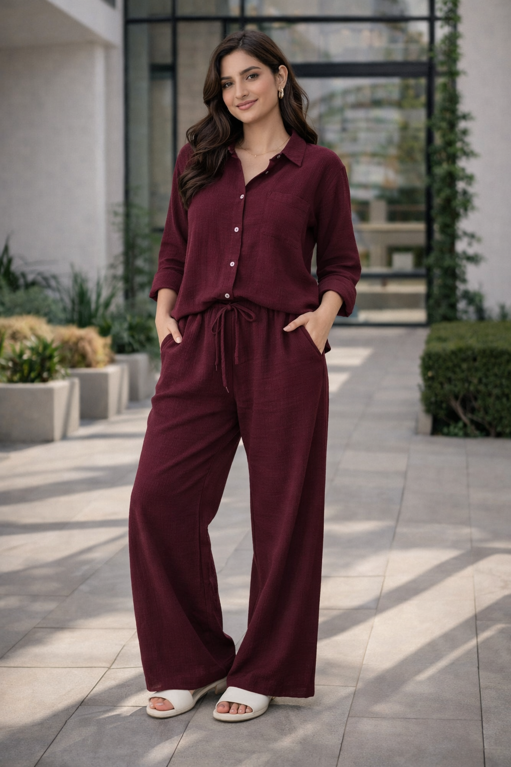 Wine Solid Cotton Rayon Crepe Co-Ord Set | Shirt & Pant Set | Casual & Office Wear (Copy) (Copy) (Copy)